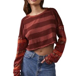 Free People Jamie Patchwork Long Sleeve Top in Moody (M)